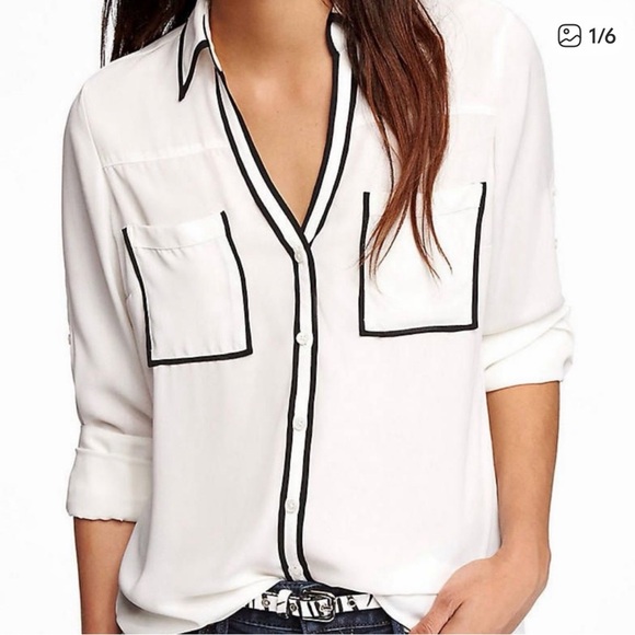 Express Tops - Express White and Black Button-Up Blouse